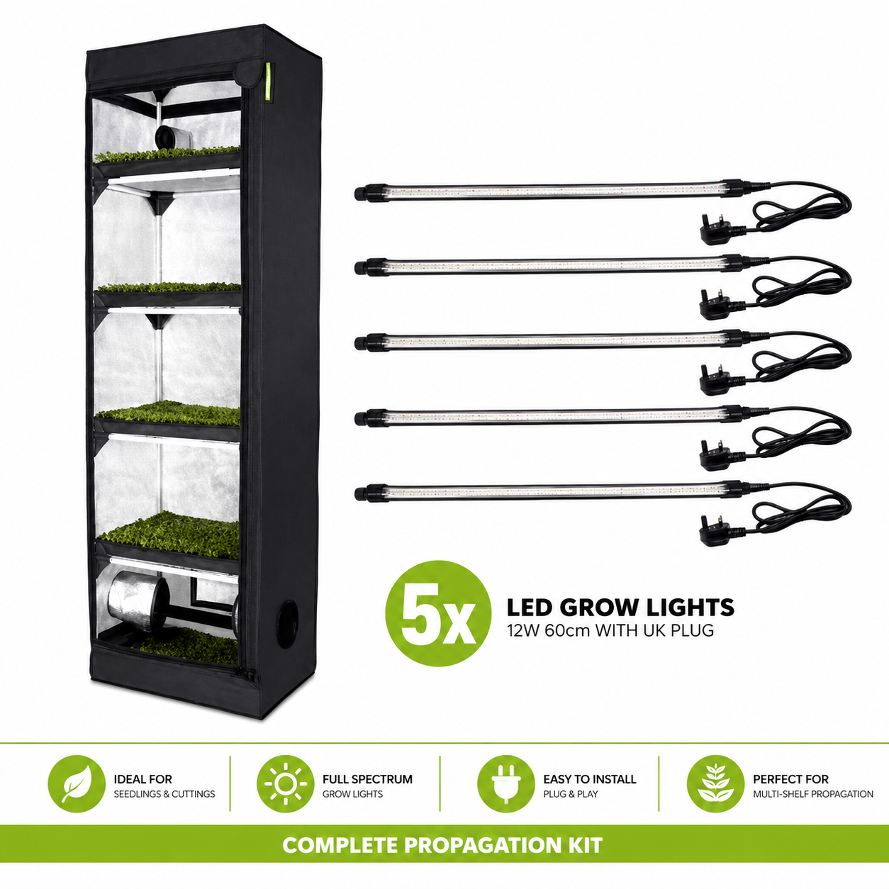 Garden HighPro Probox Propagator Large Complete Propagation Kit (60x40x200cm) + 5 x Gorilla 12W LED Grow Lig