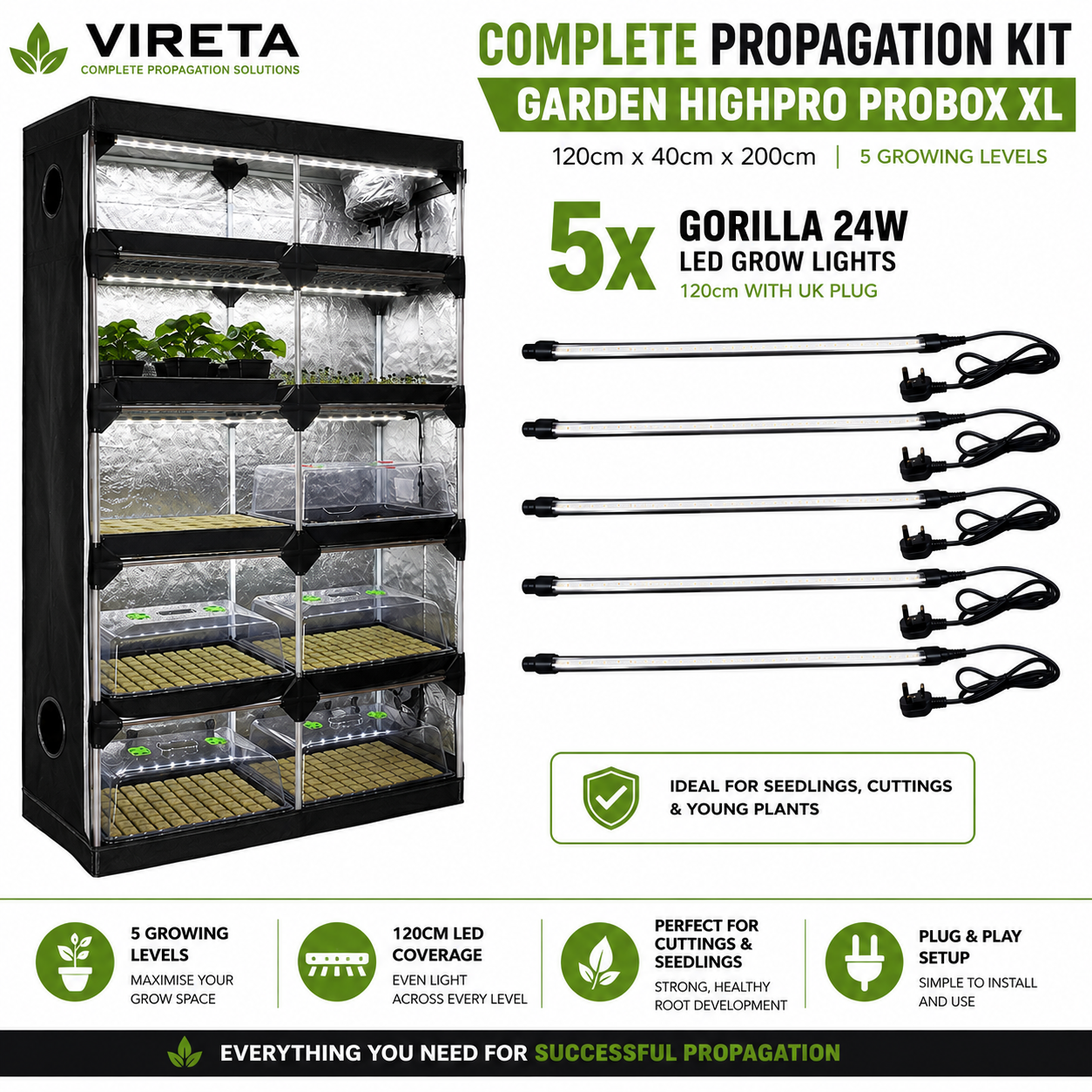Garden HighPro Probox Propagator X Large Complete Propagation Kit (120x40x200cm) + 5x Gorilla 24W LED Grow Lights